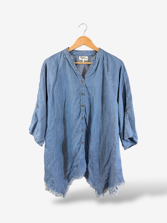 Hester & Orchard Tops - Hester & Orchard Denim Chambray Tunic XL Fringe Hem Asymmetrical Roll Tab Sleeve